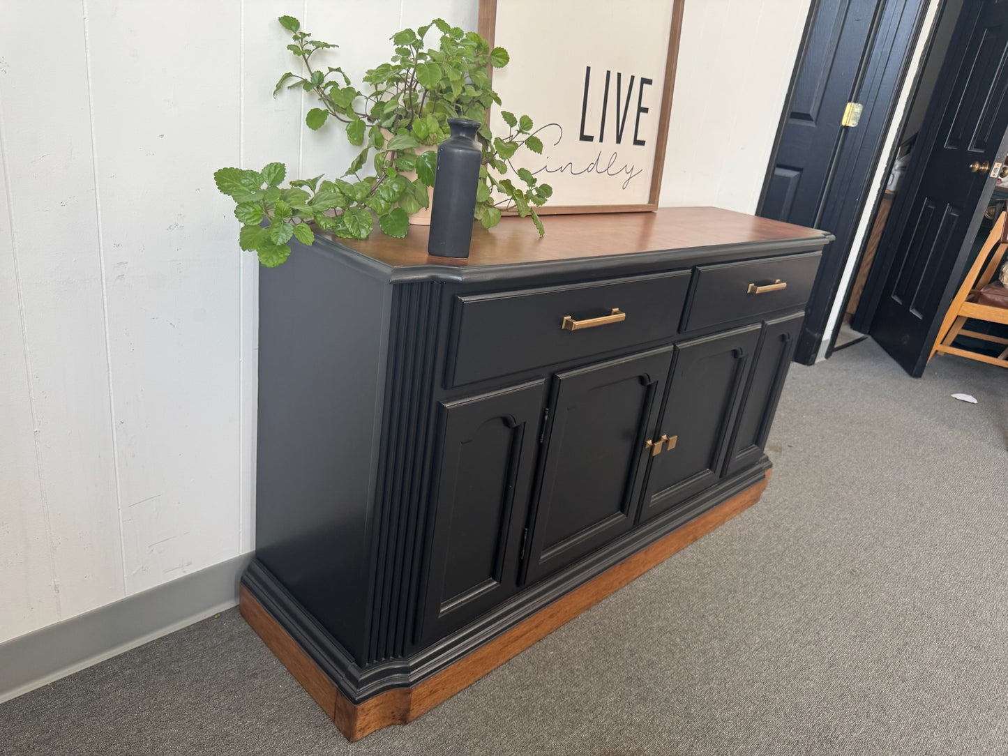 Black Buffet/ Credenza with Wood Top and Base