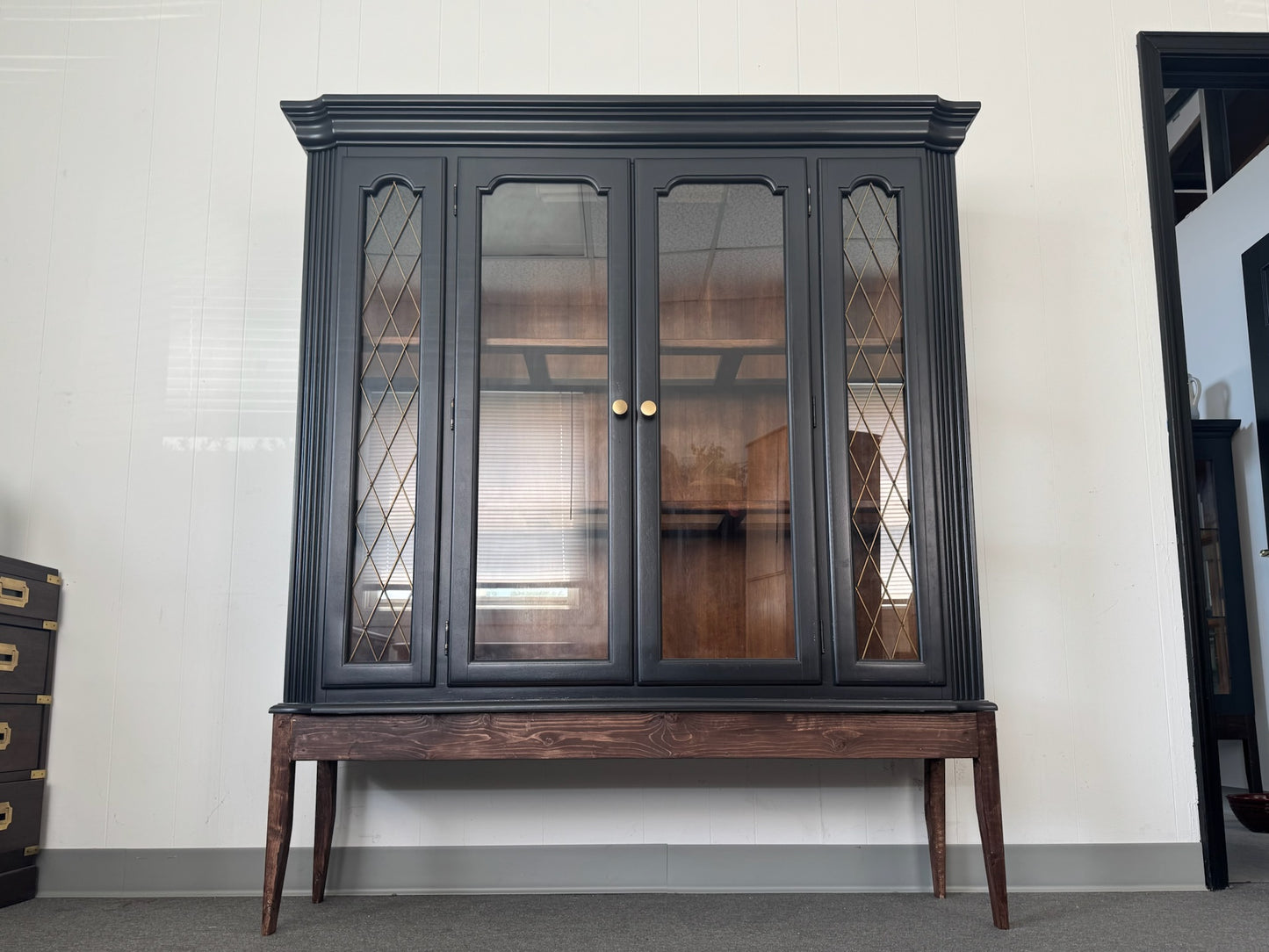 Black Hutch with Wood Base and Lattice Doors