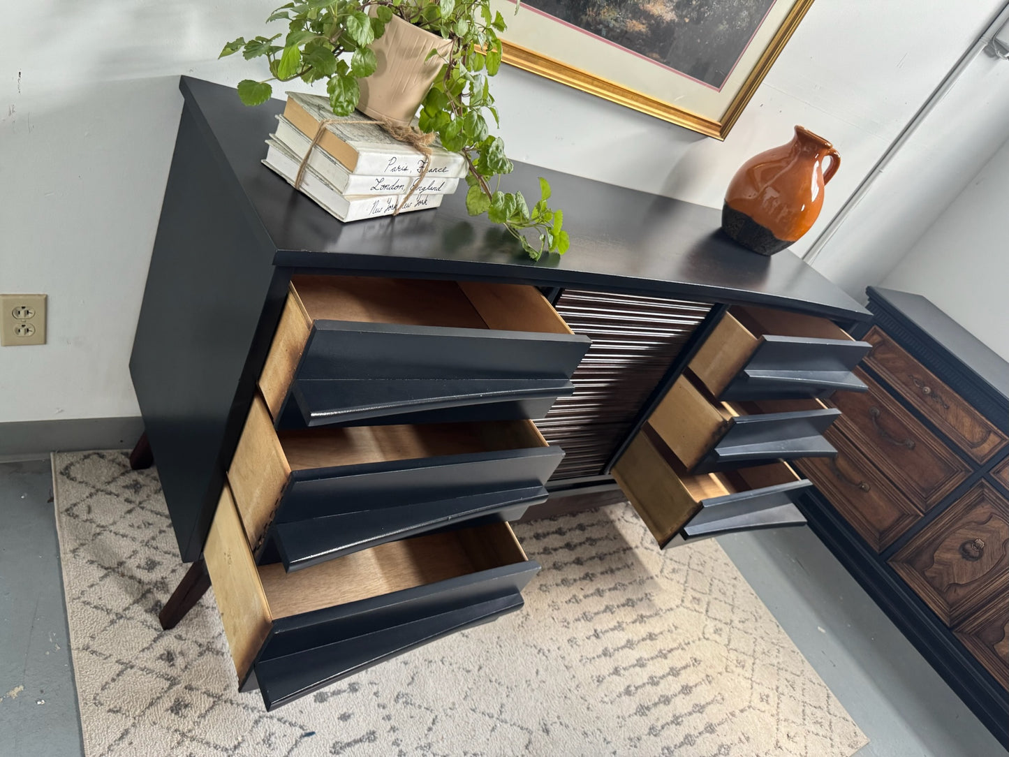 MCM Black and Wood Sculpted Dresser