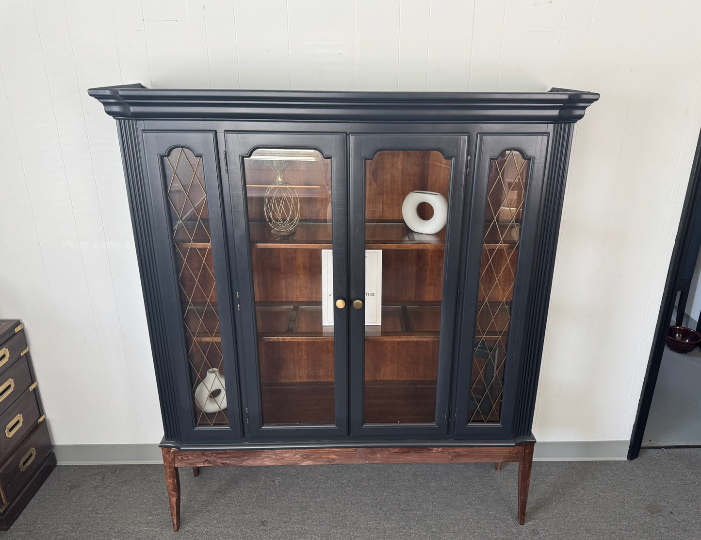 Black Hutch with Wood Base and Lattice Doors
