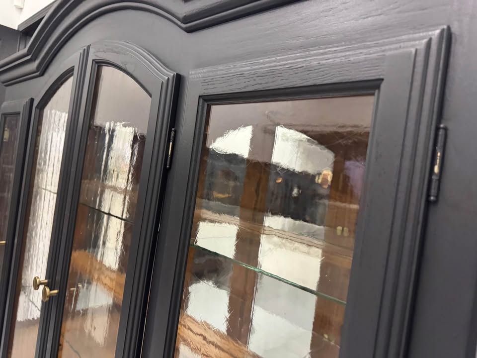 4-Door Arched Top Black Hutch with Wood Base
