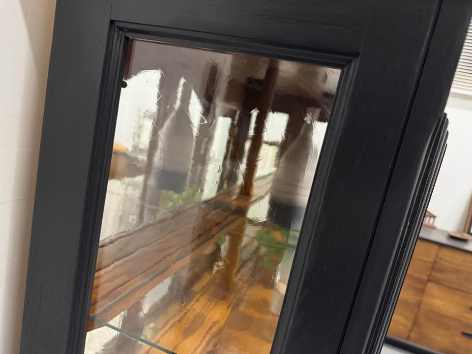 4-Door Arched Top Black Hutch with Wood Base
