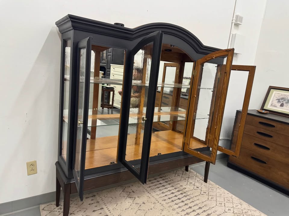 4-Door Arched Top Black Hutch with Wood Base