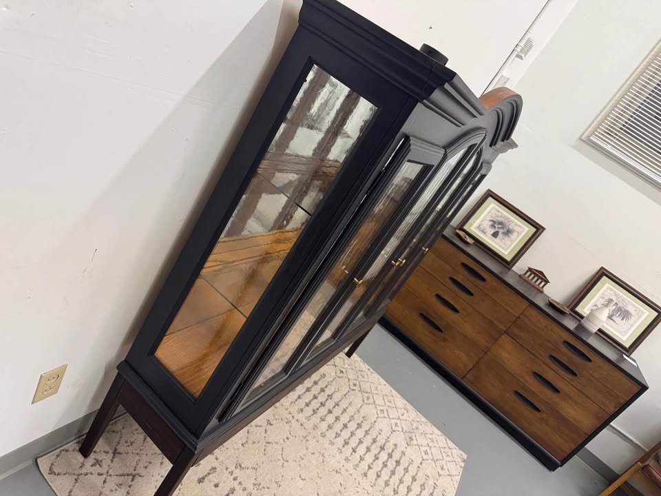 4-Door Arched Top Black Hutch with Wood Base