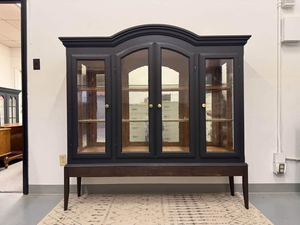 4-Door Arched Top Black Hutch with Wood Base