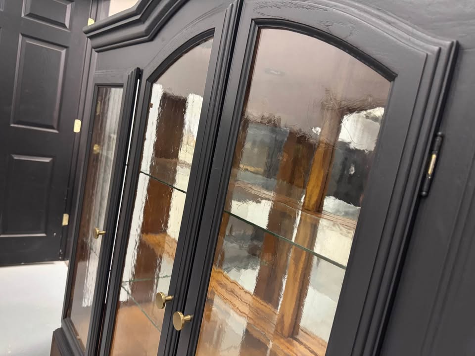 4-Door Arched Top Black Hutch with Wood Base