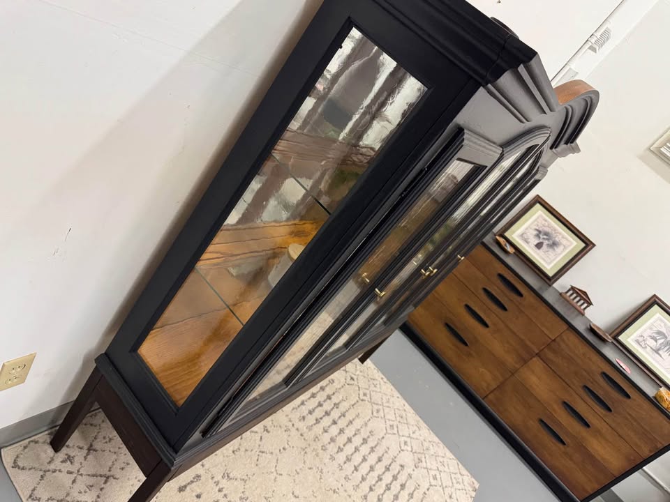 4-Door Arched Top Black Hutch with Wood Base