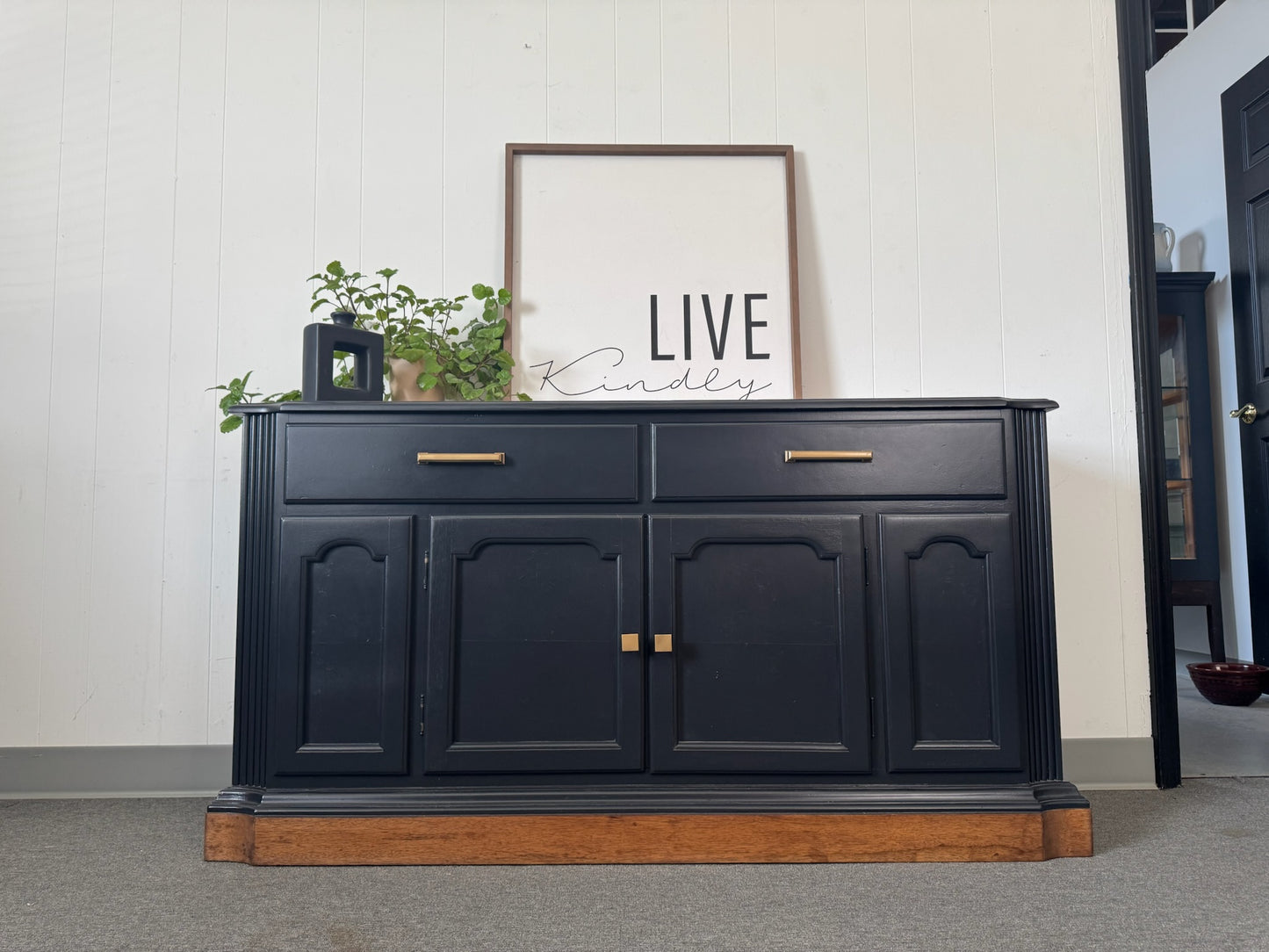Black Buffet/ Credenza with Wood Top and Base