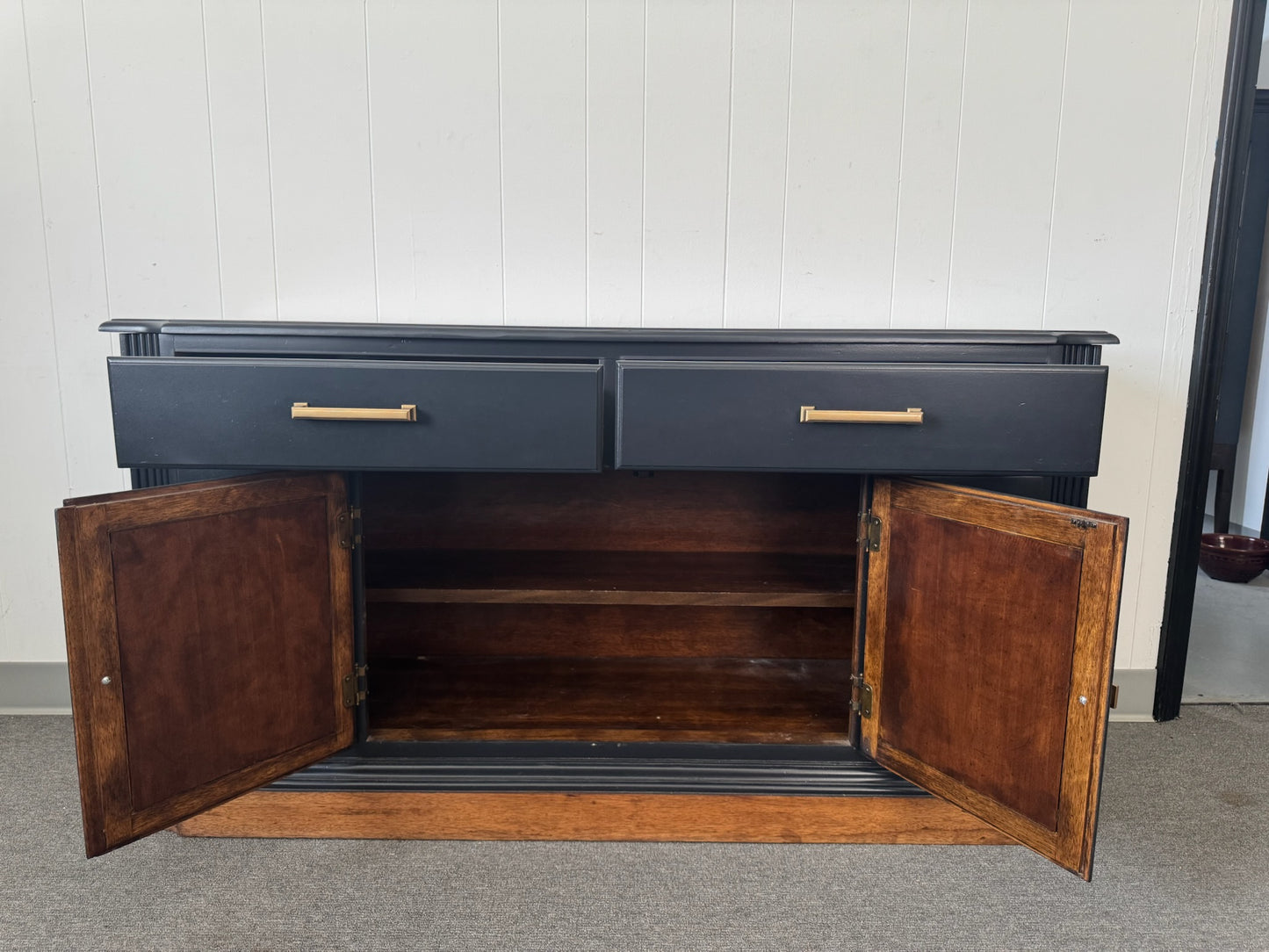 Black Buffet/ Credenza with Wood Top and Base