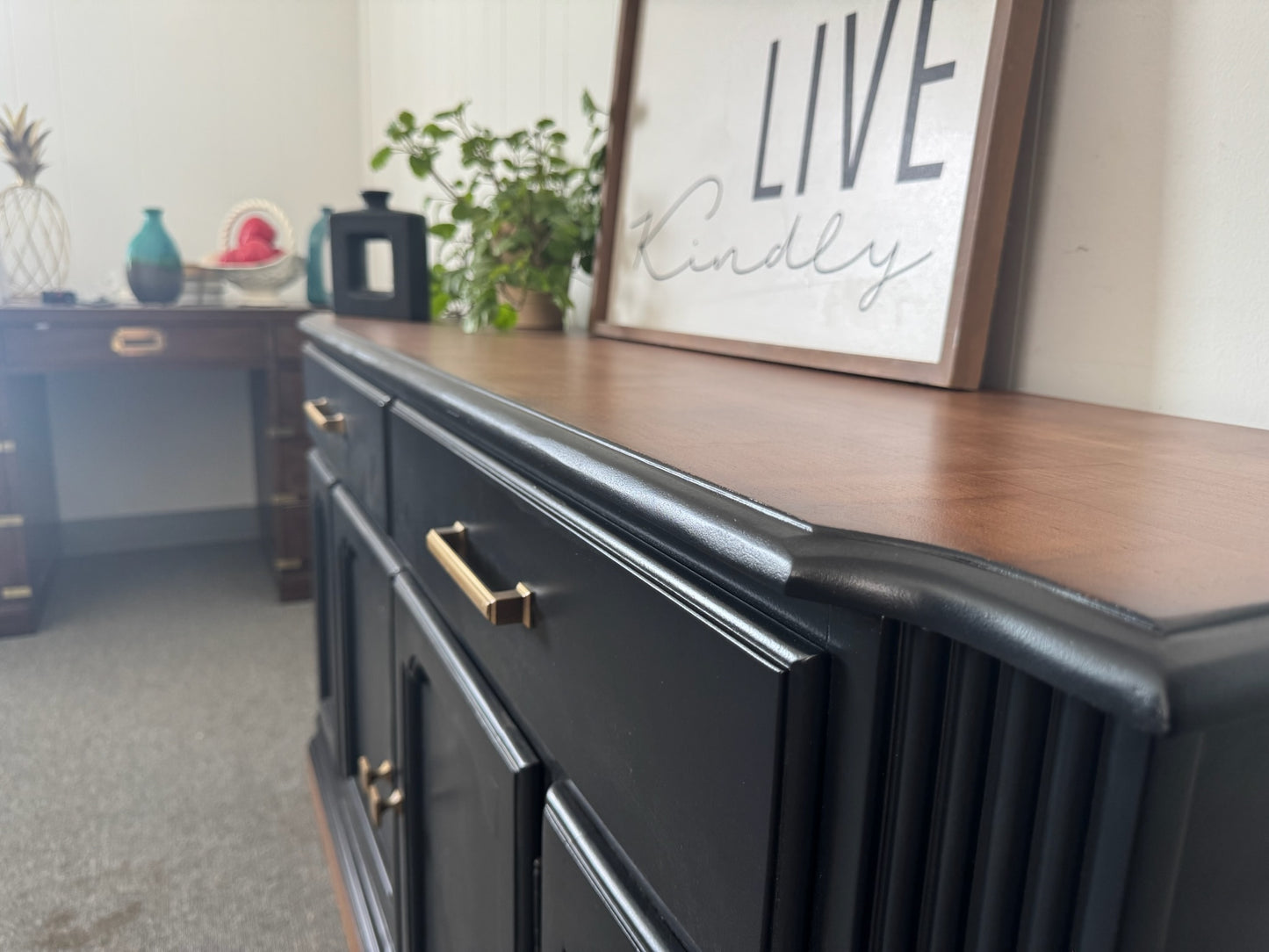Black Buffet/ Credenza with Wood Top and Base