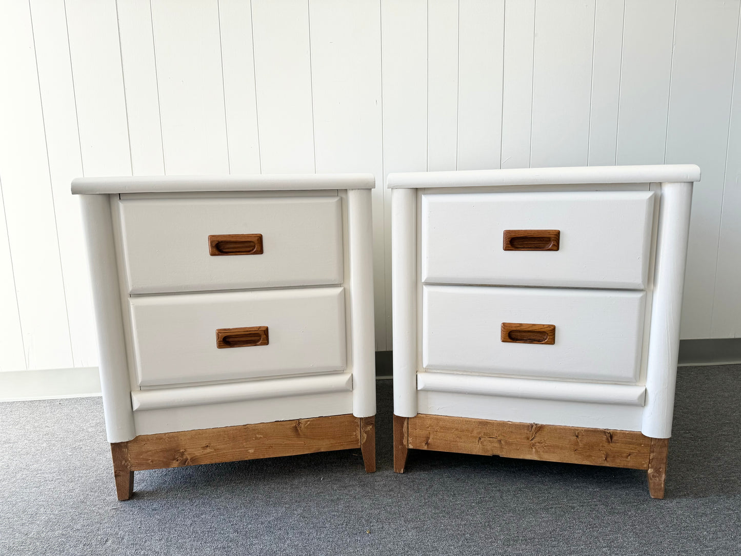 Pair of White Nightstands with Custum Wood Base