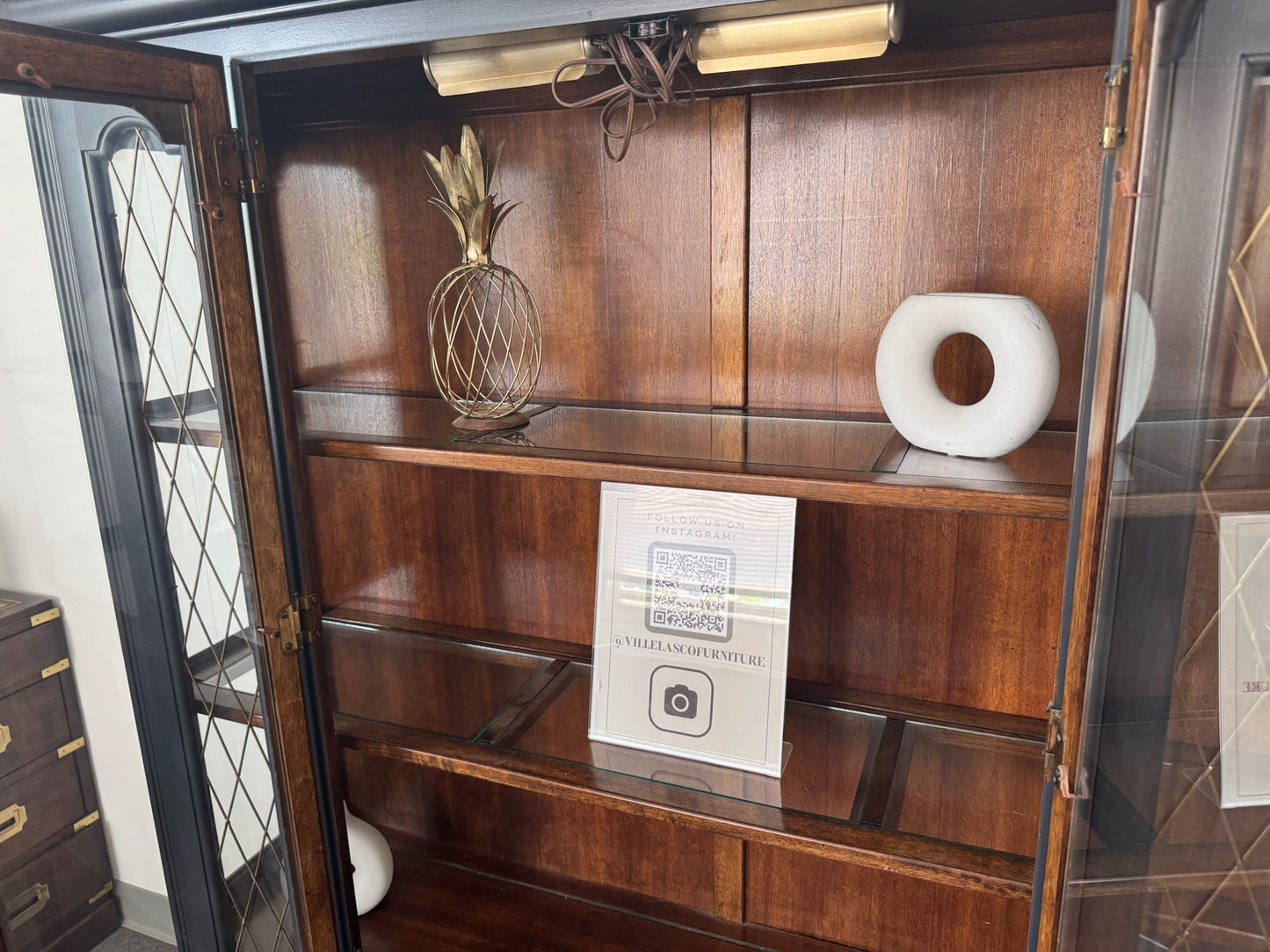 Black Hutch with Wood Base and Lattice Doors