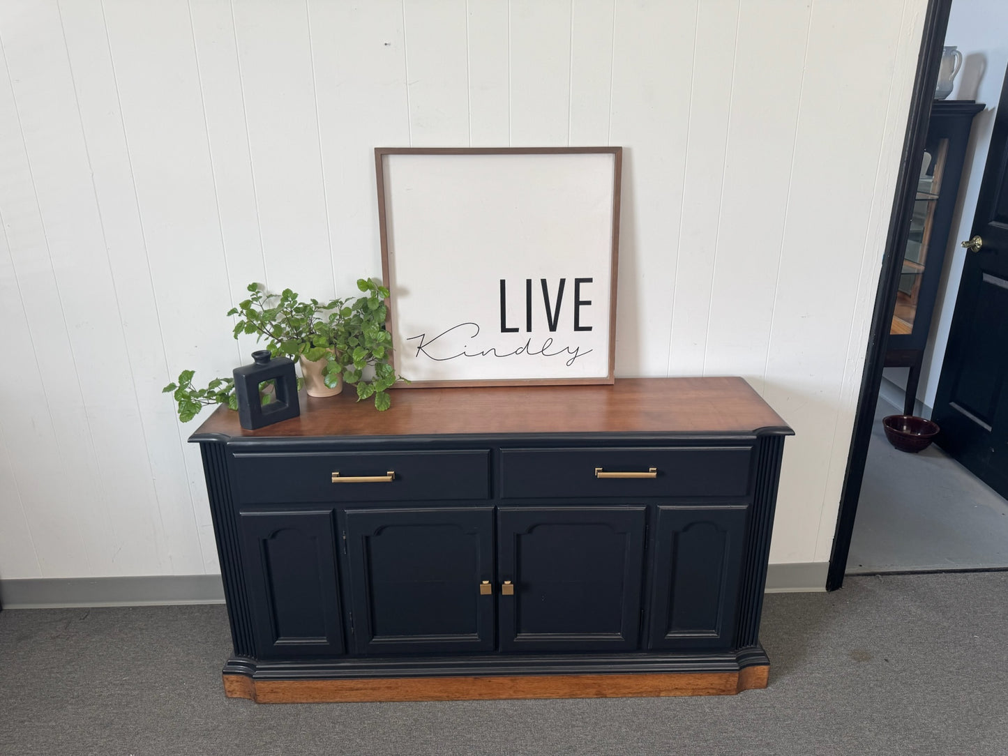 Black Buffet/ Credenza with Wood Top and Base