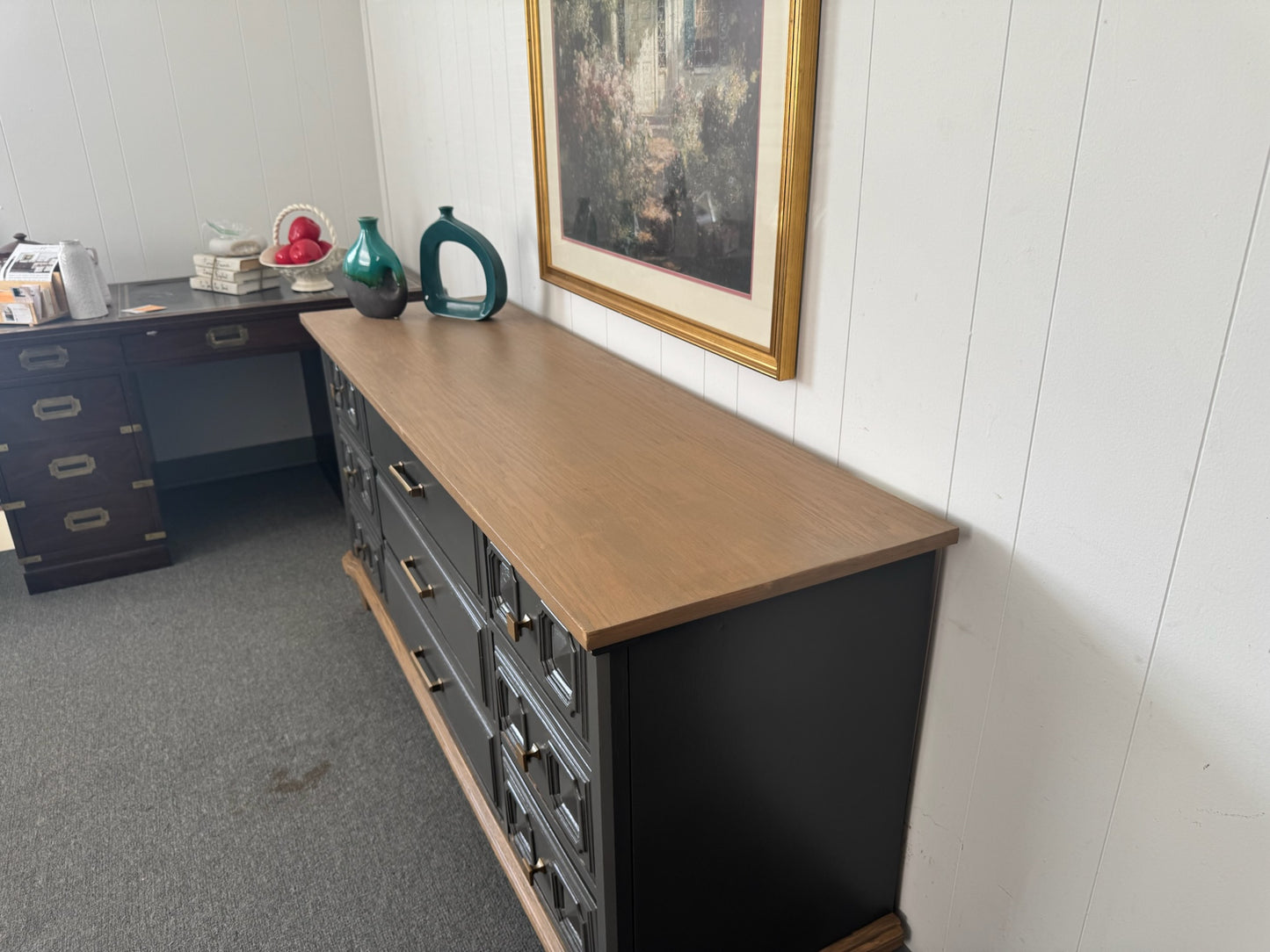 Grey Modern Dresser with Wood Top and Base