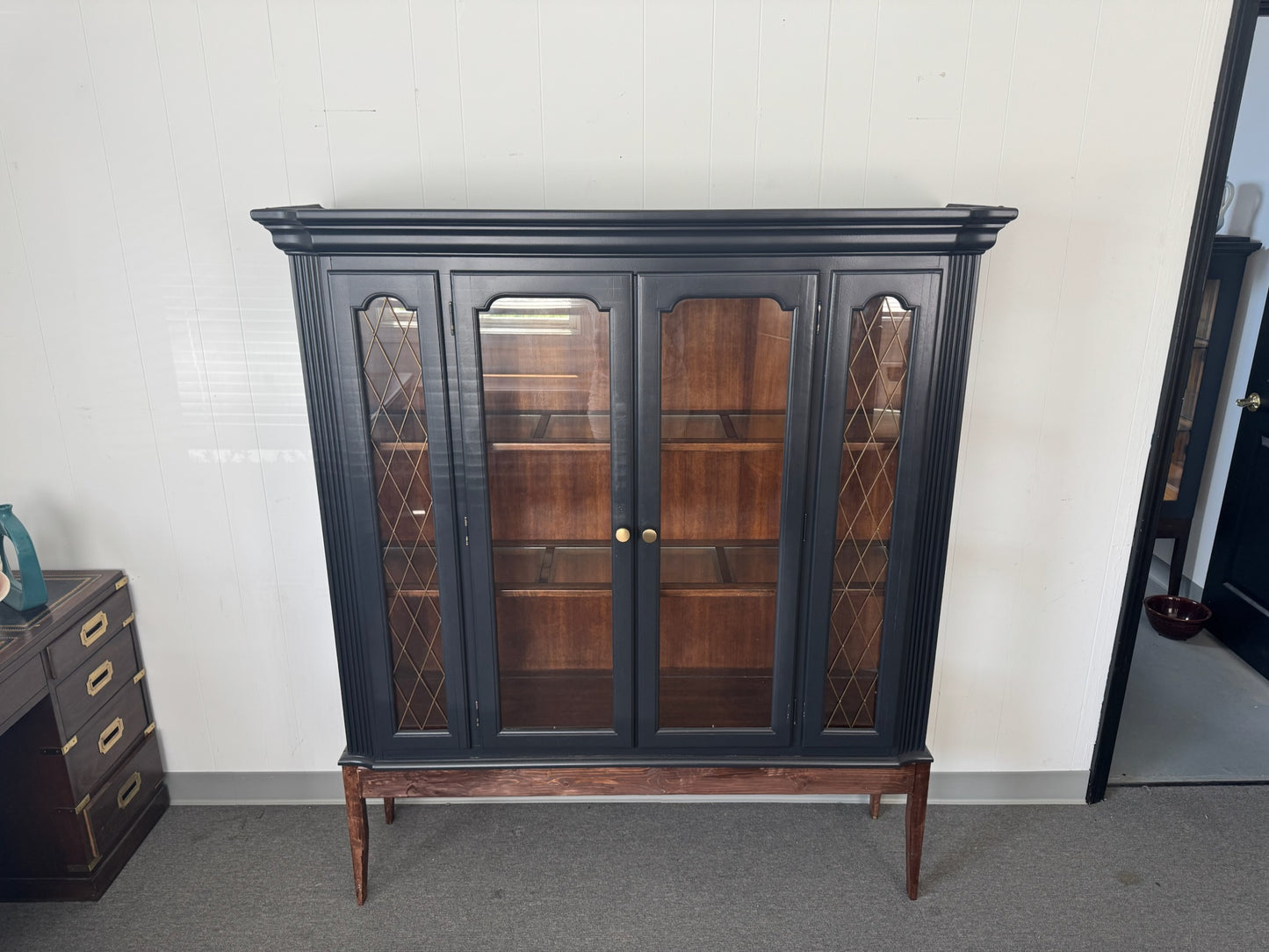 Black Hutch with Wood Base and Lattice Doors