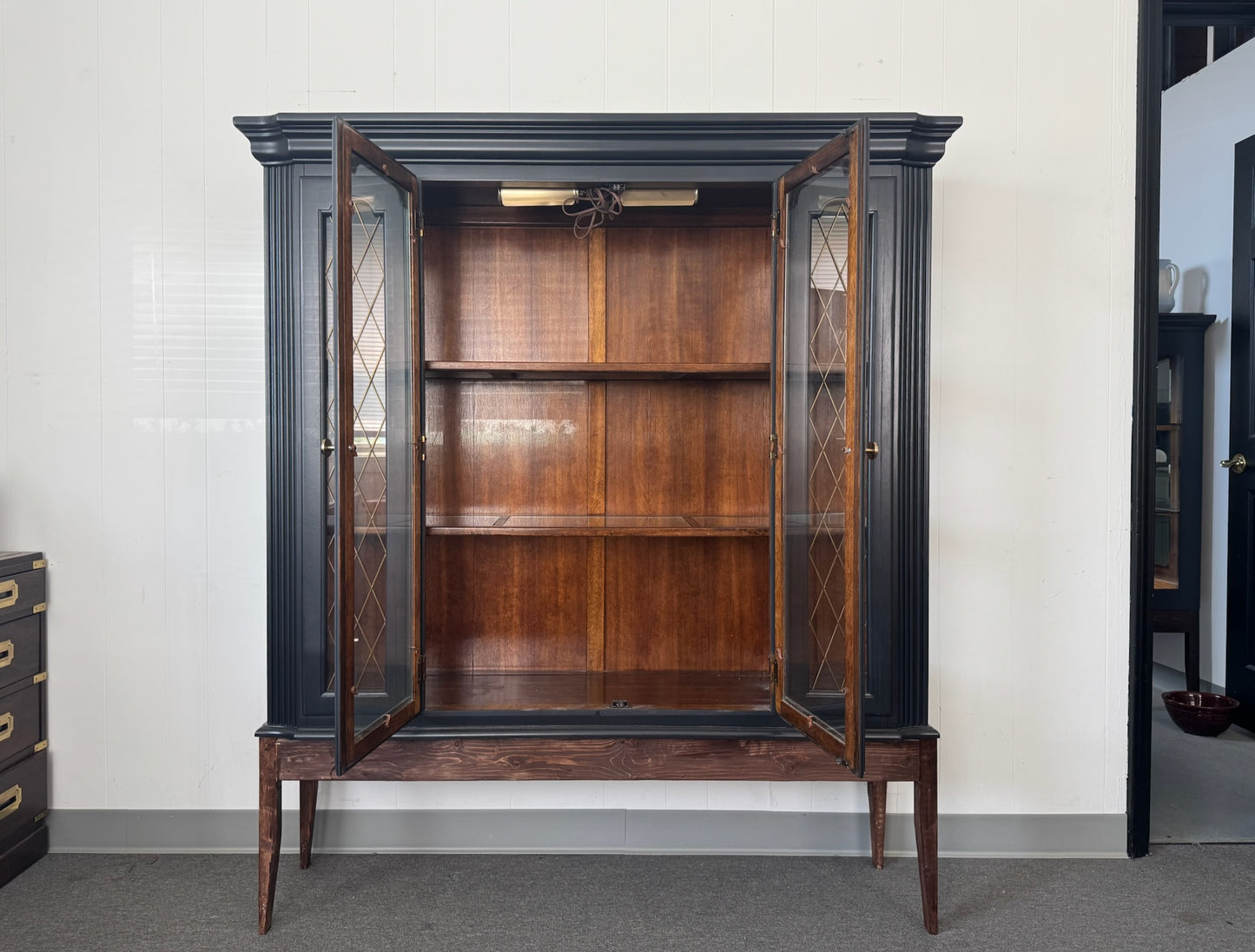 Black Hutch with Wood Base and Lattice Doors