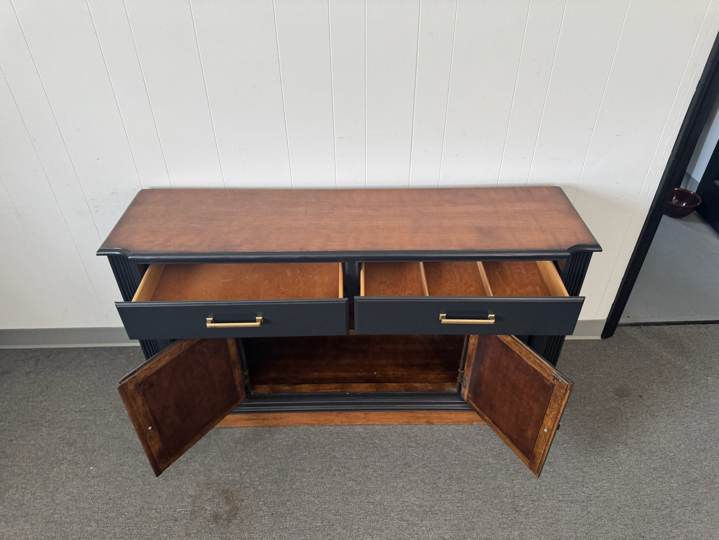 Black Buffet/ Credenza with Wood Top and Base