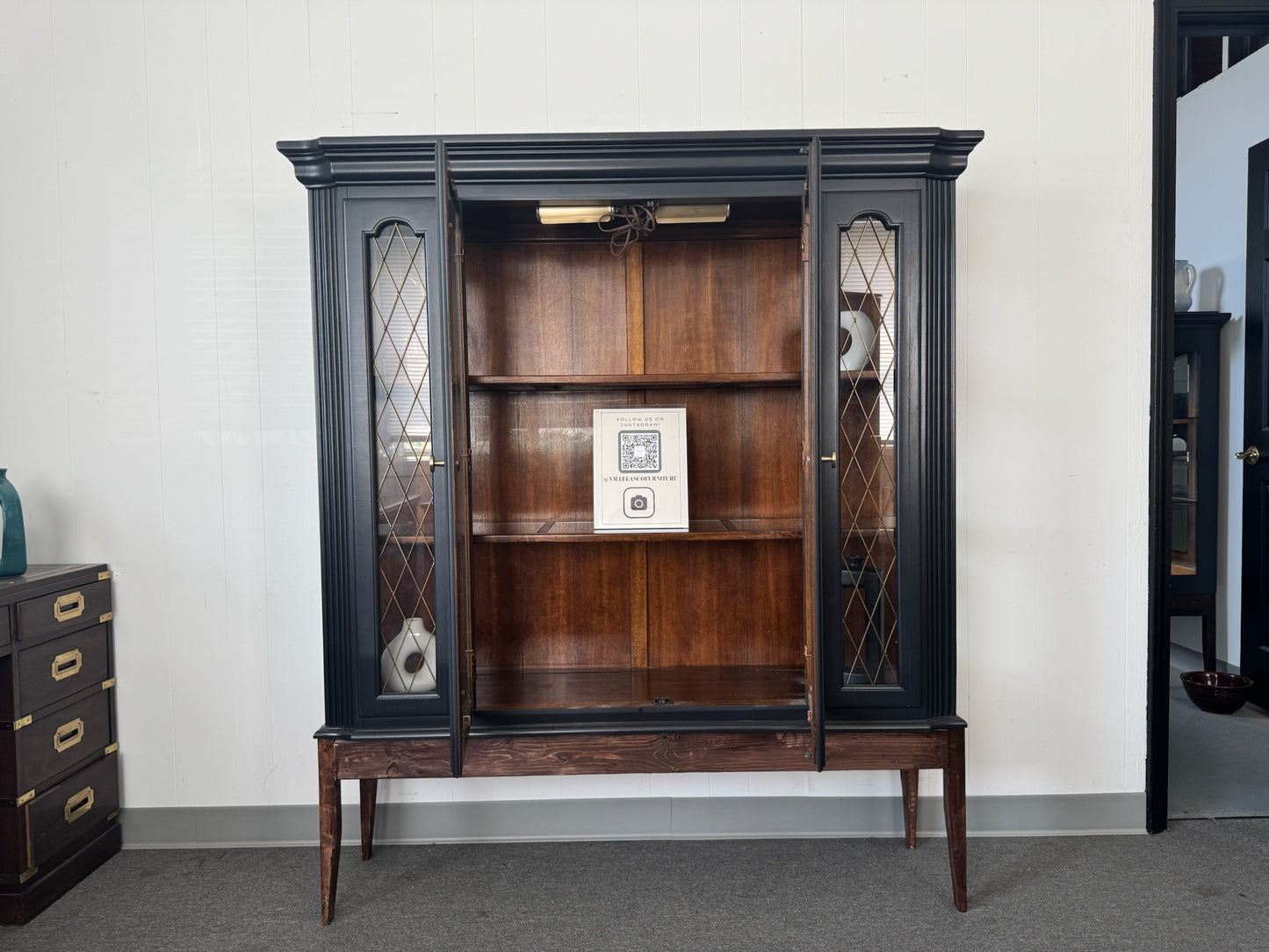Black Hutch with Wood Base and Lattice Doors