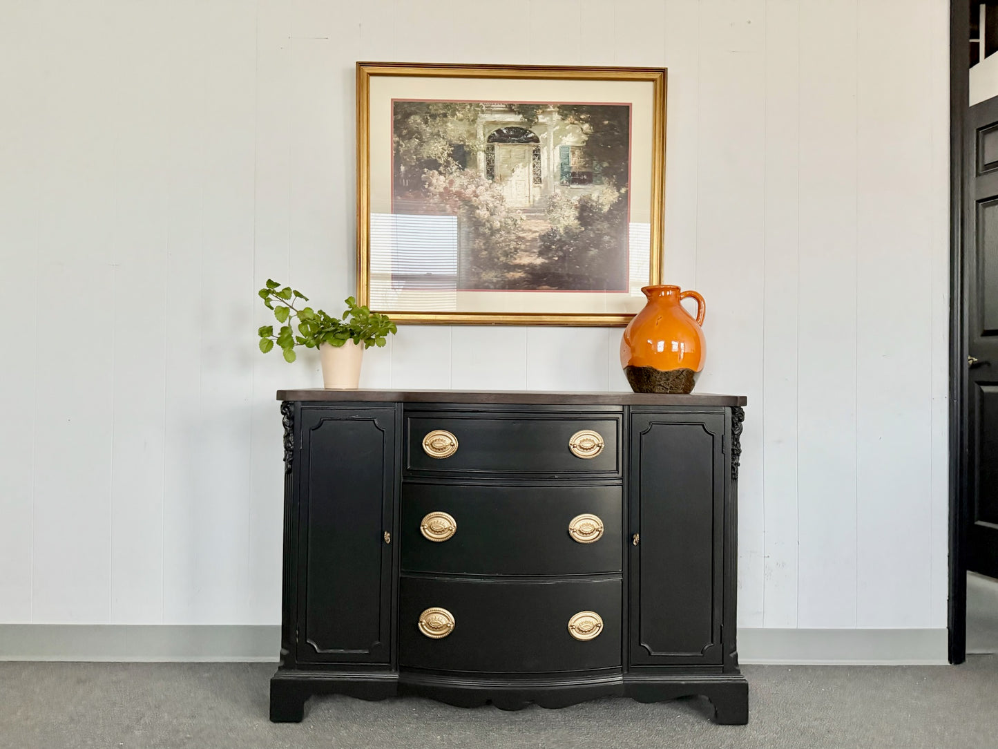 Black Hepplewhite Buffet with Walnut-Stained Top