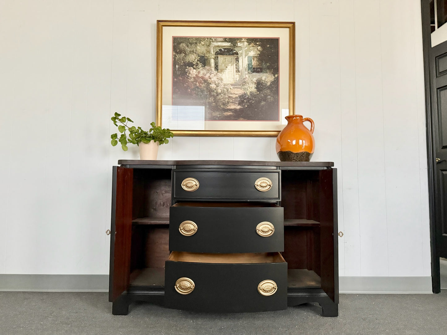 Black Hepplewhite Buffet with Walnut-Stained Top