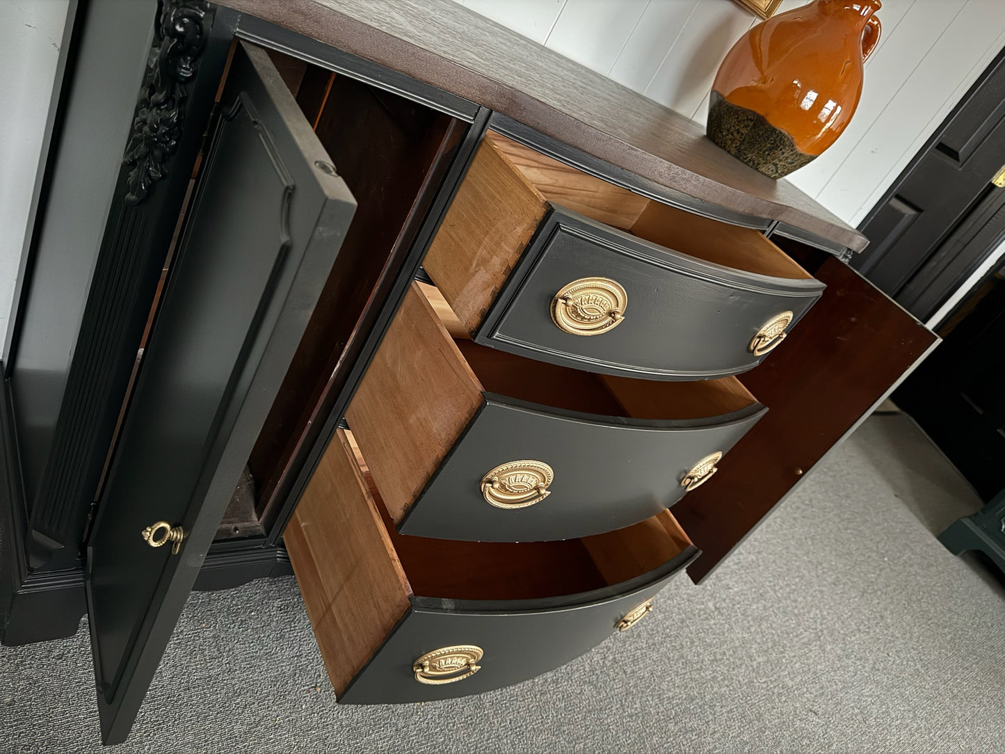 Black Hepplewhite Buffet with Walnut-Stained Top
