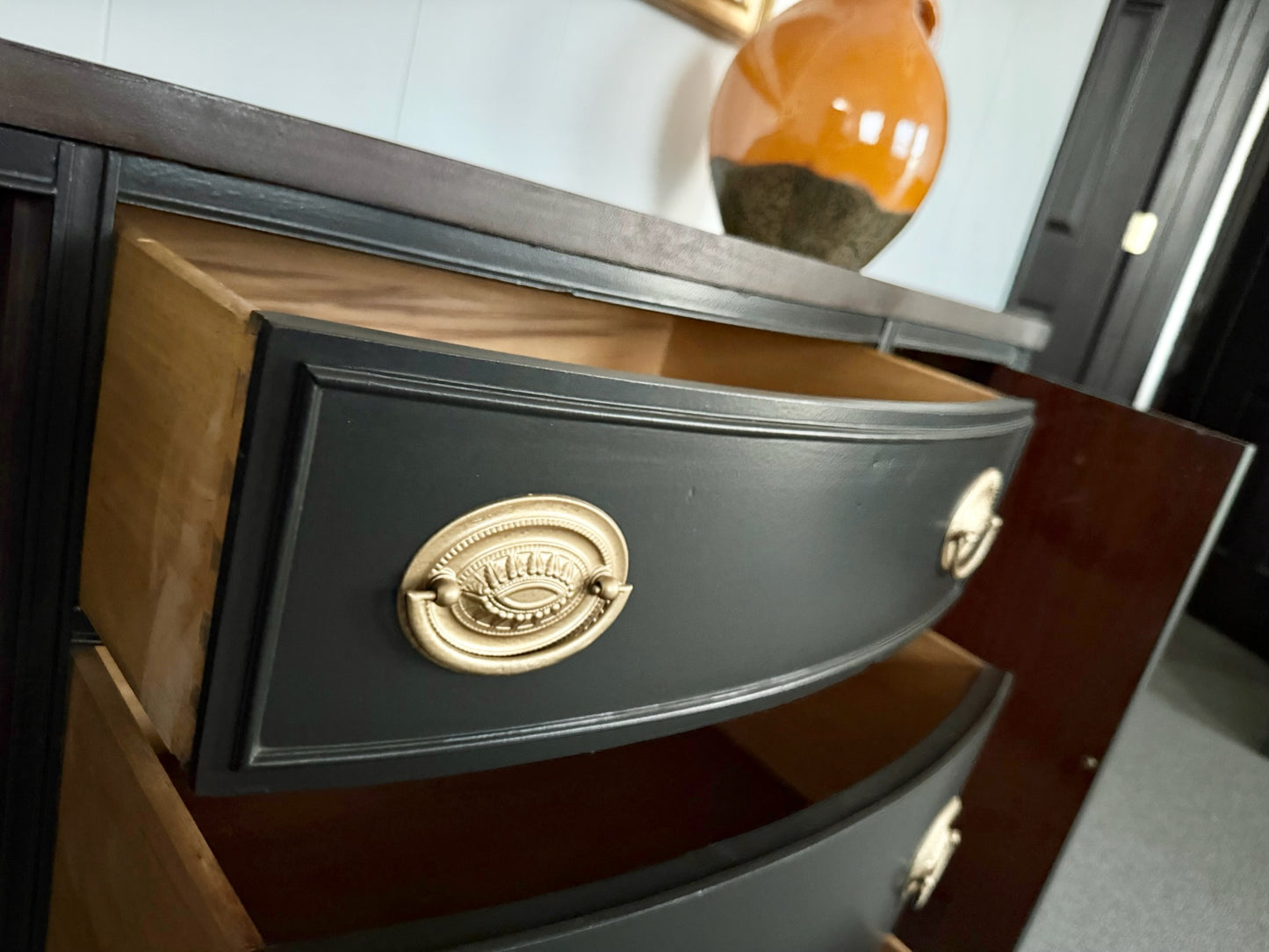 Black Hepplewhite Buffet with Walnut-Stained Top