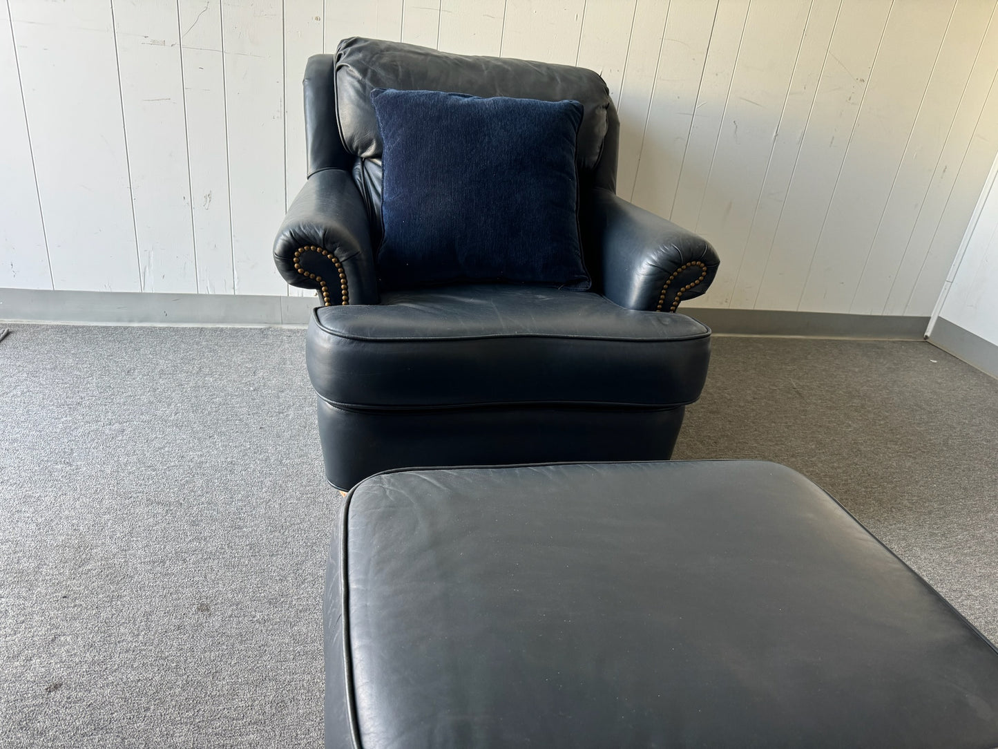 Navy Leather Armchair with Matching Ottoman