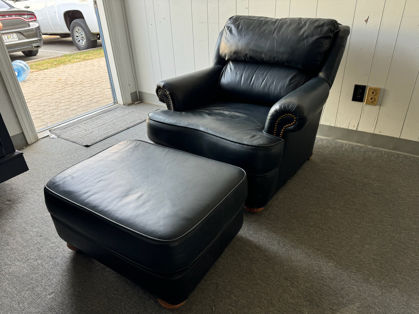 Navy Leather Armchair with Matching Ottoman