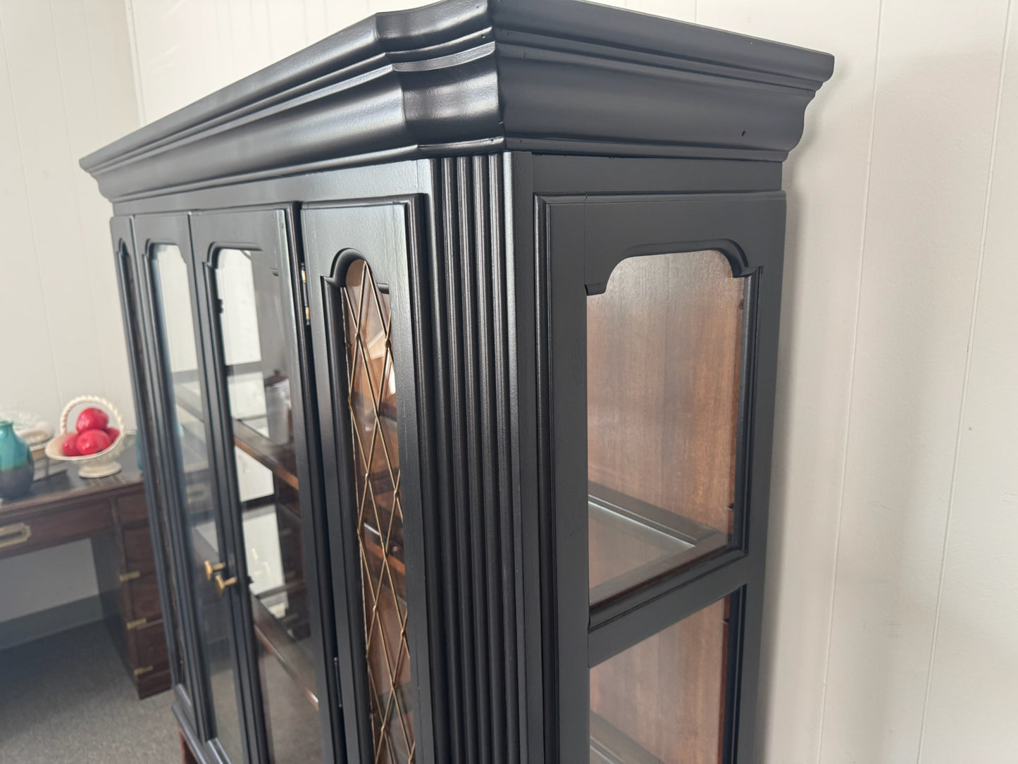 Black Hutch with Wood Base and Lattice Doors