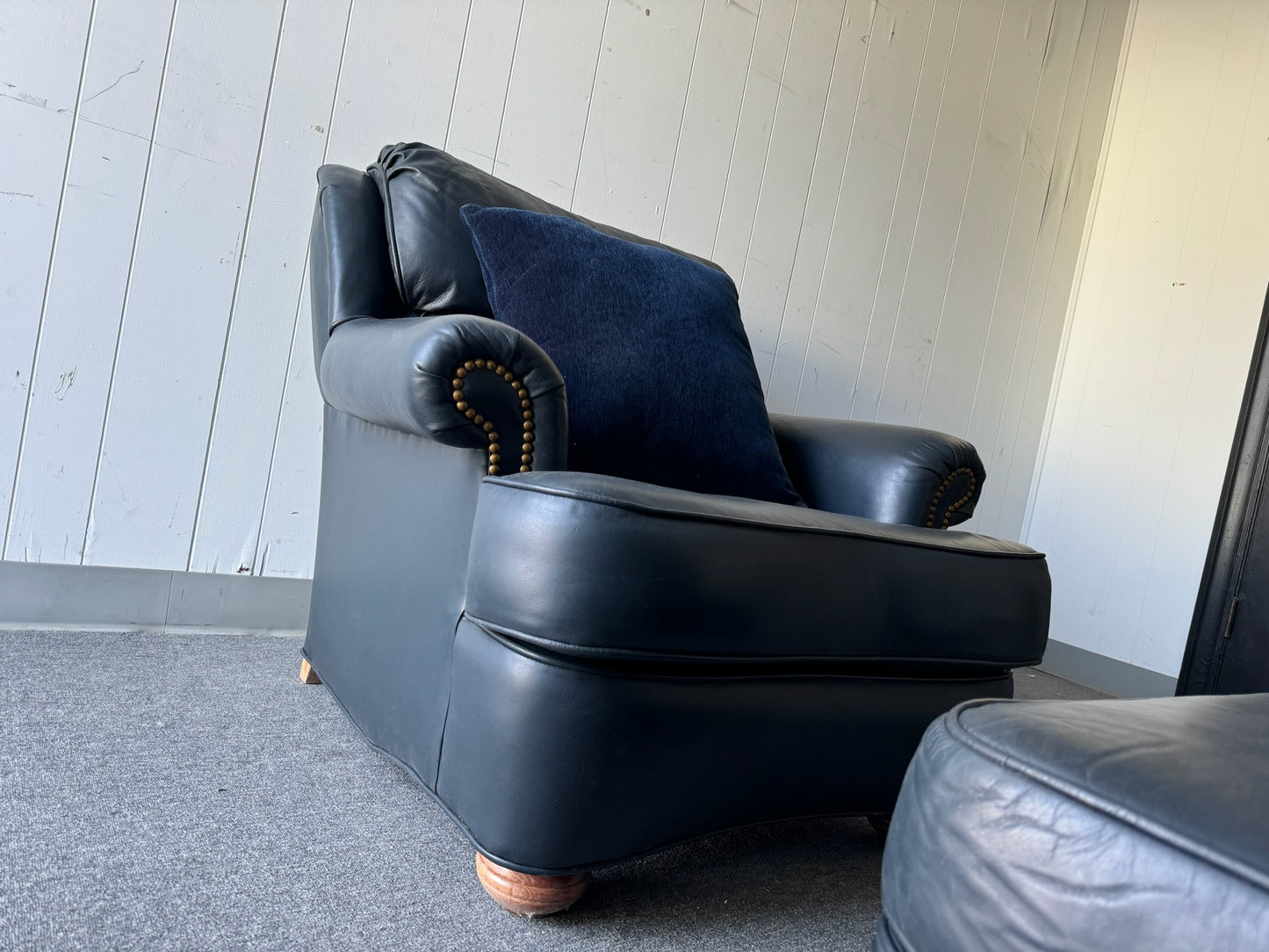 Navy Leather Armchair with Matching Ottoman