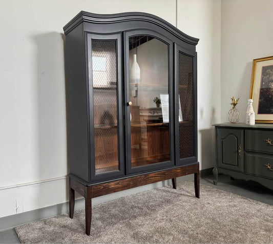 Black Arched Display Hutch with Walnut Base