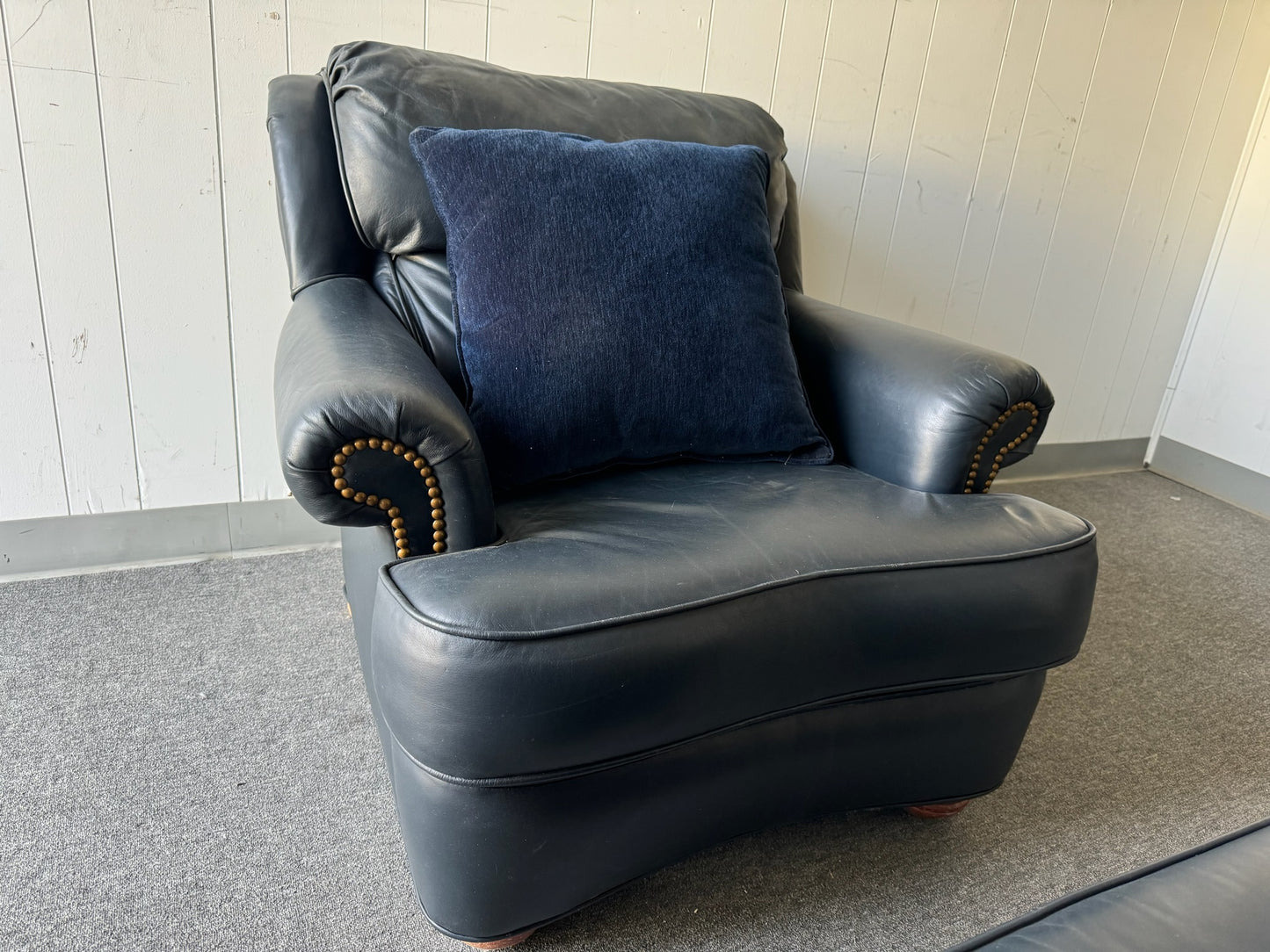 Navy Leather Armchair with Matching Ottoman