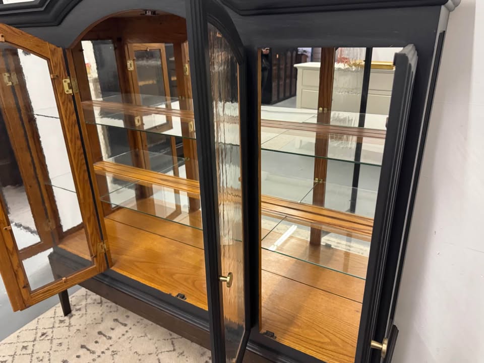 4-Door Arched Top Black Hutch with Wood Base
