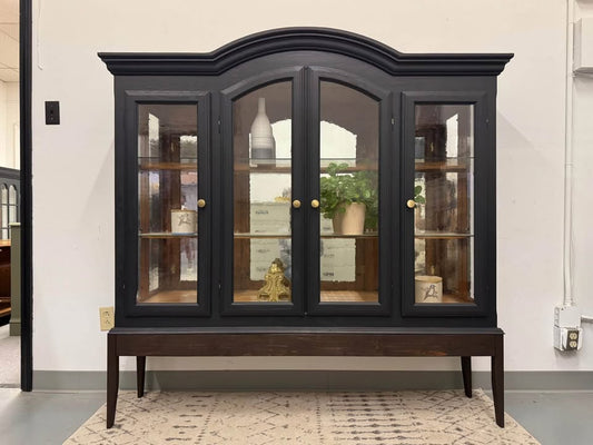 4-Door Arched Top Black Hutch with Wood Base