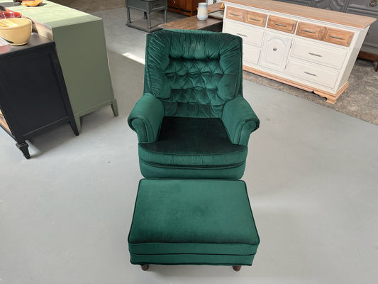 Emerald Green Velvet Swivel Chair with Ottoman