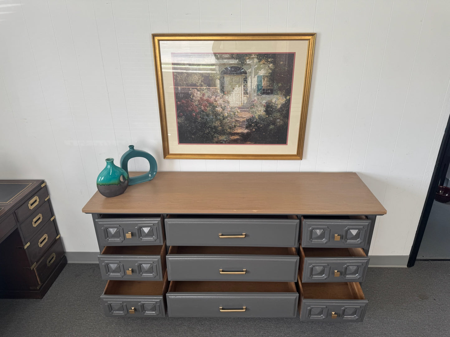 Grey Modern Dresser with Wood Top and Base