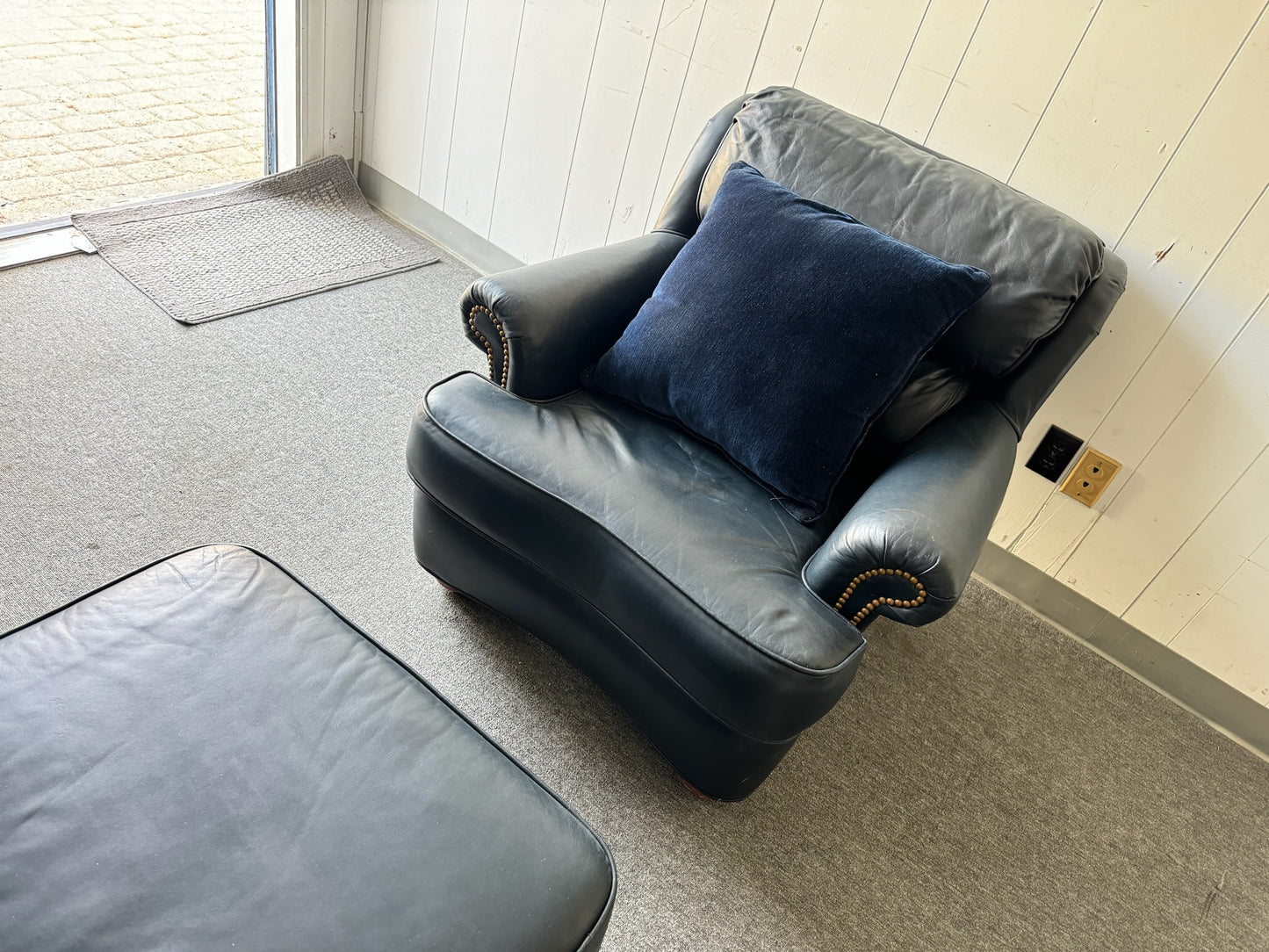 Navy Leather Armchair with Matching Ottoman