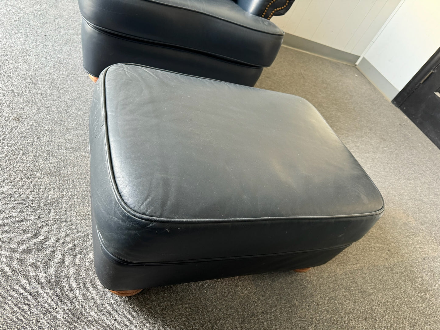 Navy Leather Armchair with Matching Ottoman