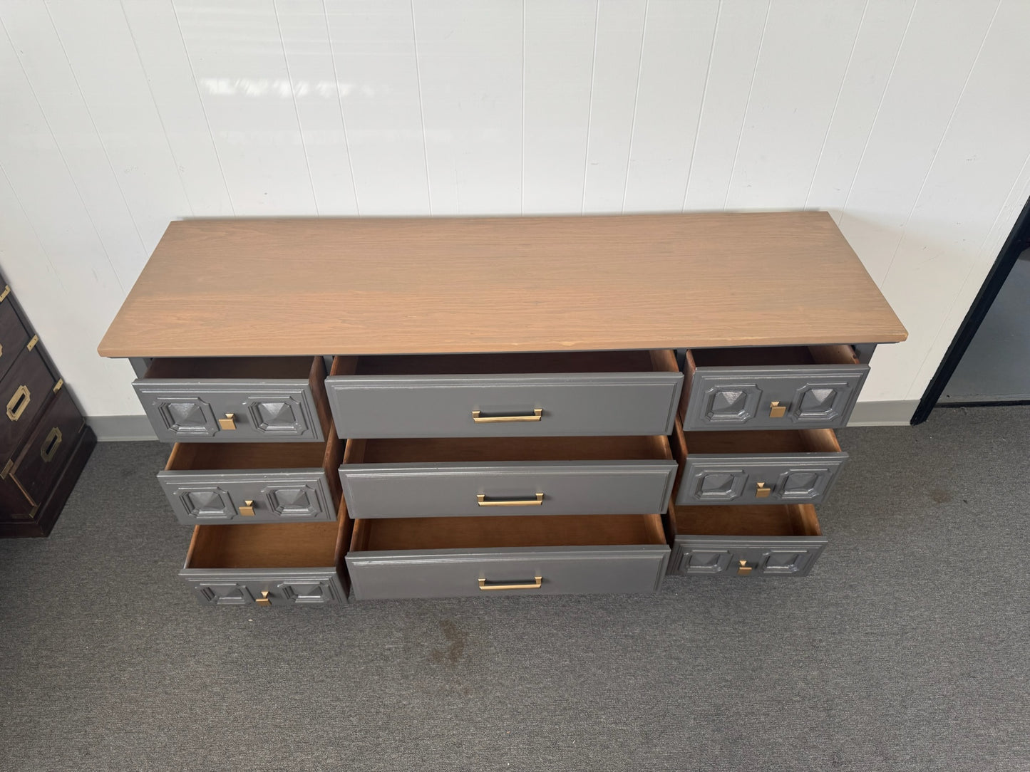 Grey Modern Dresser with Wood Top and Base