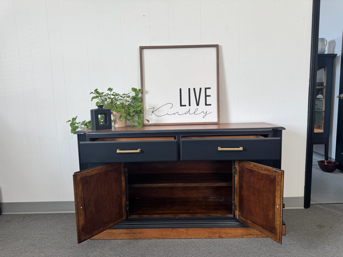 Black Buffet/ Credenza with Wood Top and Base