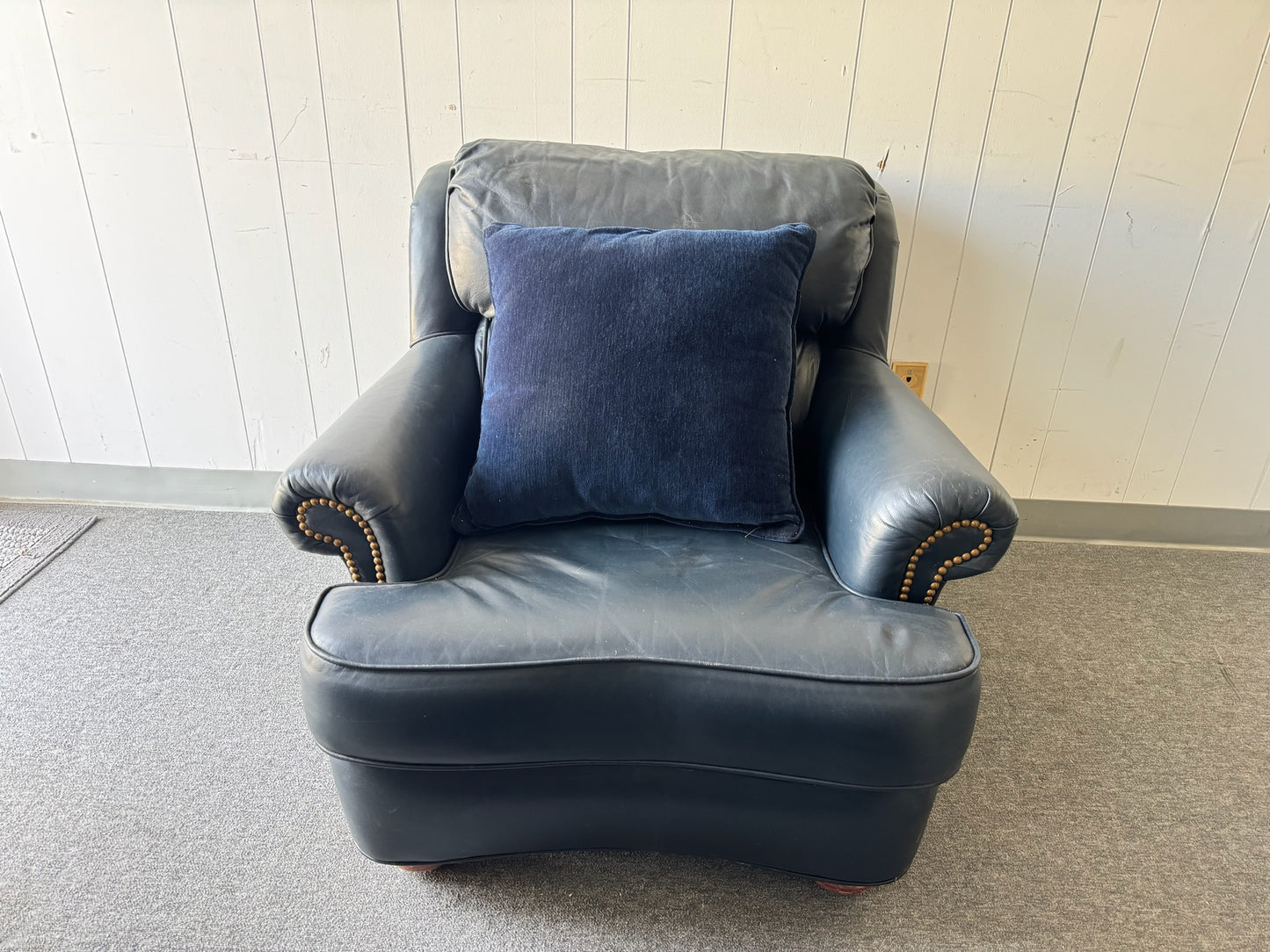 Navy Leather Armchair with Matching Ottoman