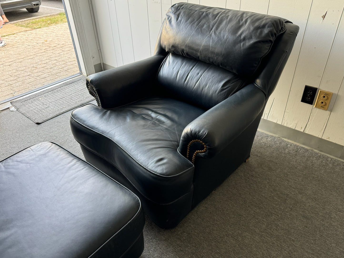 Navy Leather Armchair with Matching Ottoman