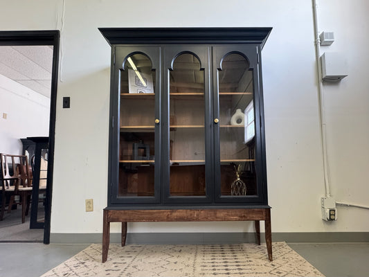 Black Hutch with Arched Doors and Wood Base