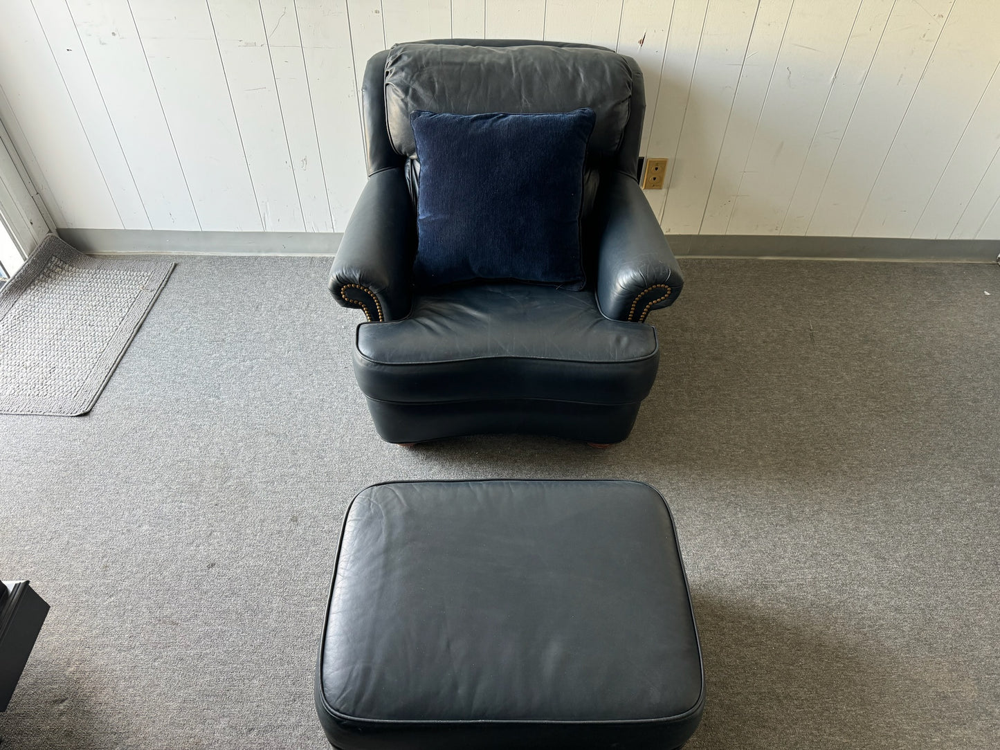 Navy Leather Armchair with Matching Ottoman