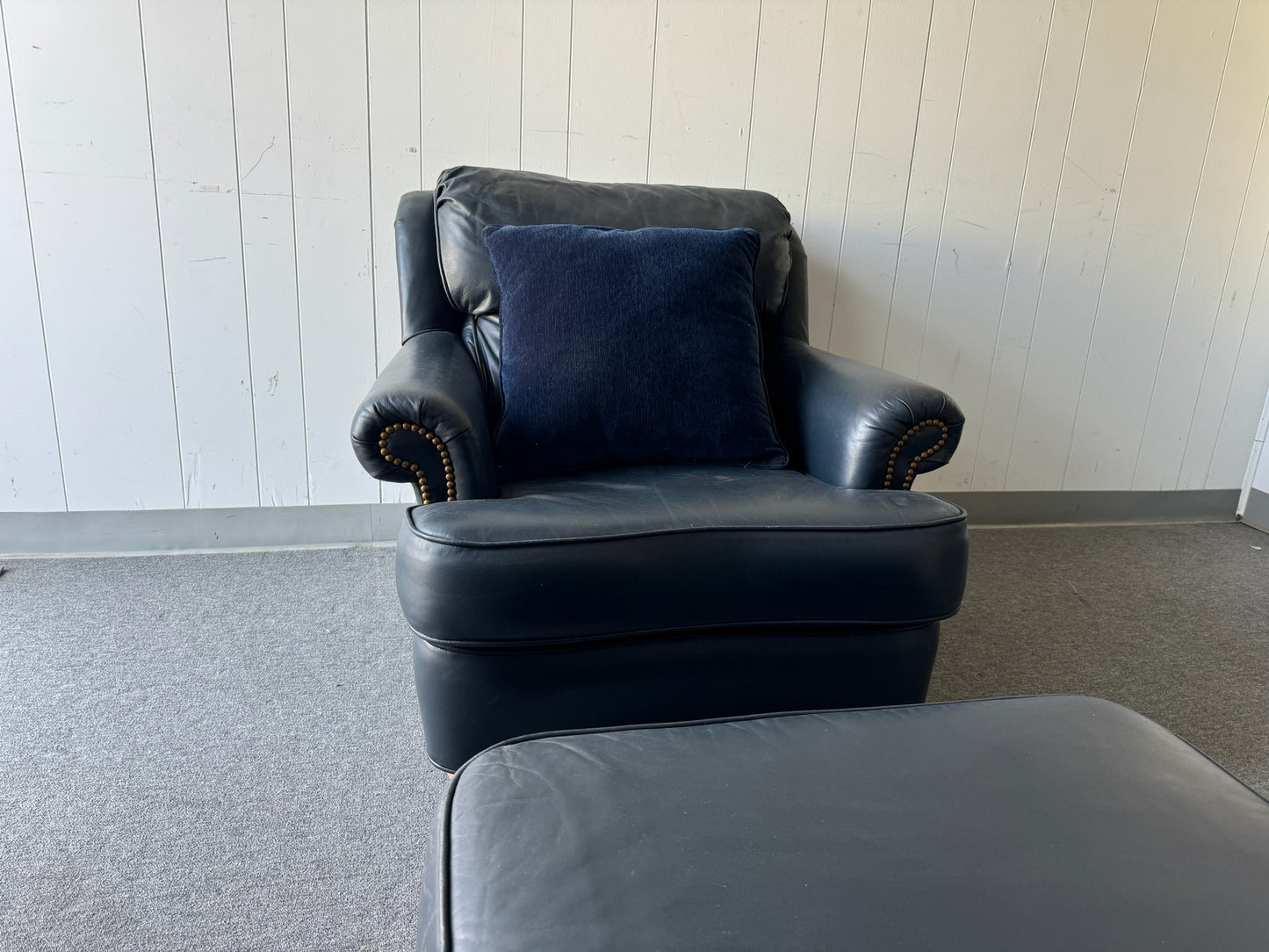 Navy Leather Armchair with Matching Ottoman