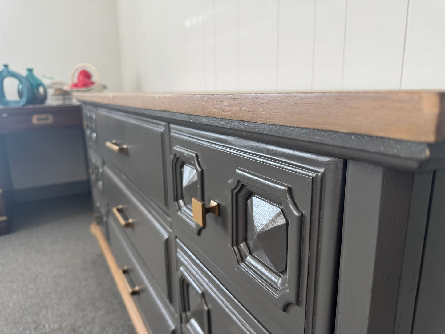 Grey Modern Dresser with Wood Top and Base