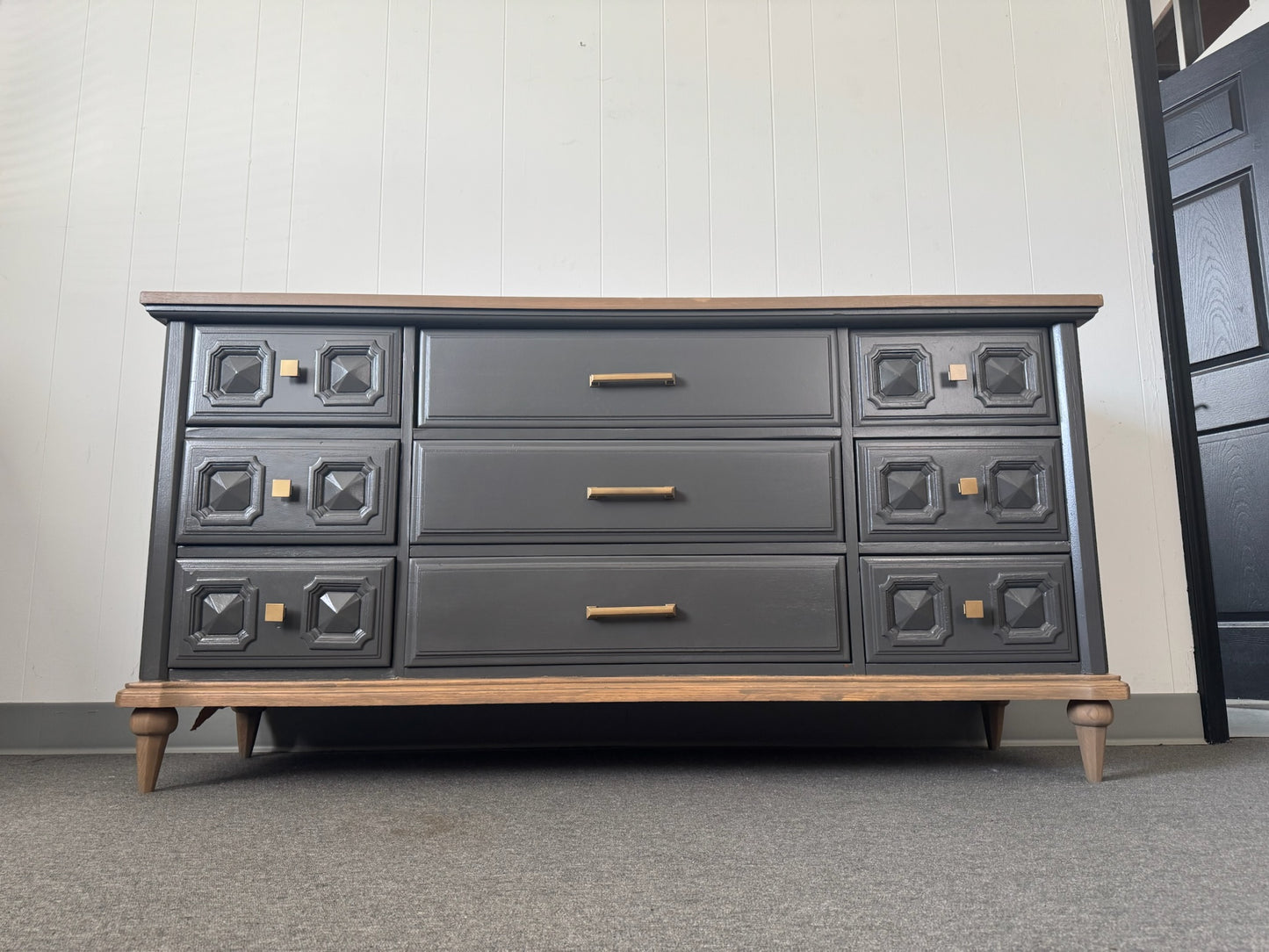 Grey Modern Dresser with Wood Top and Base