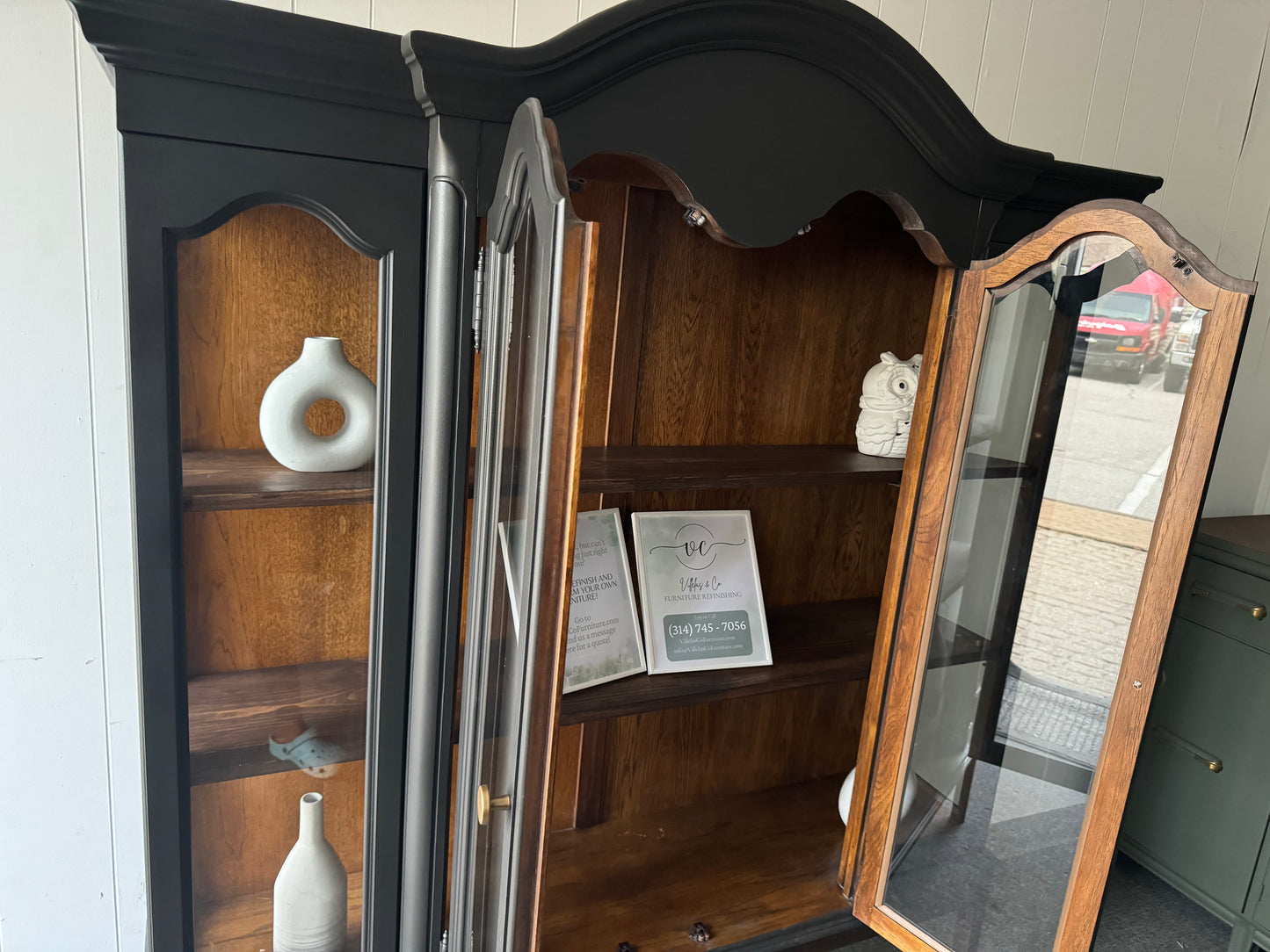 Black Arched Hutch with Wood Base