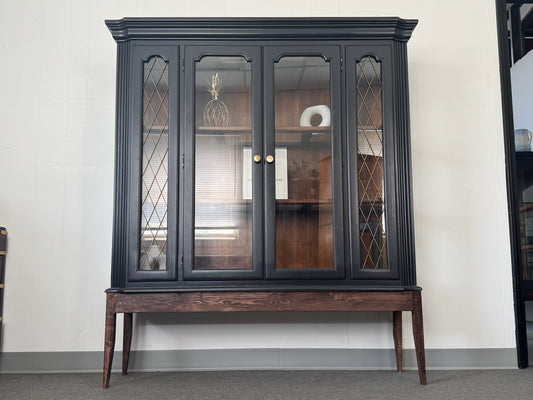 Black Hutch with Wood Base and Lattice Doors