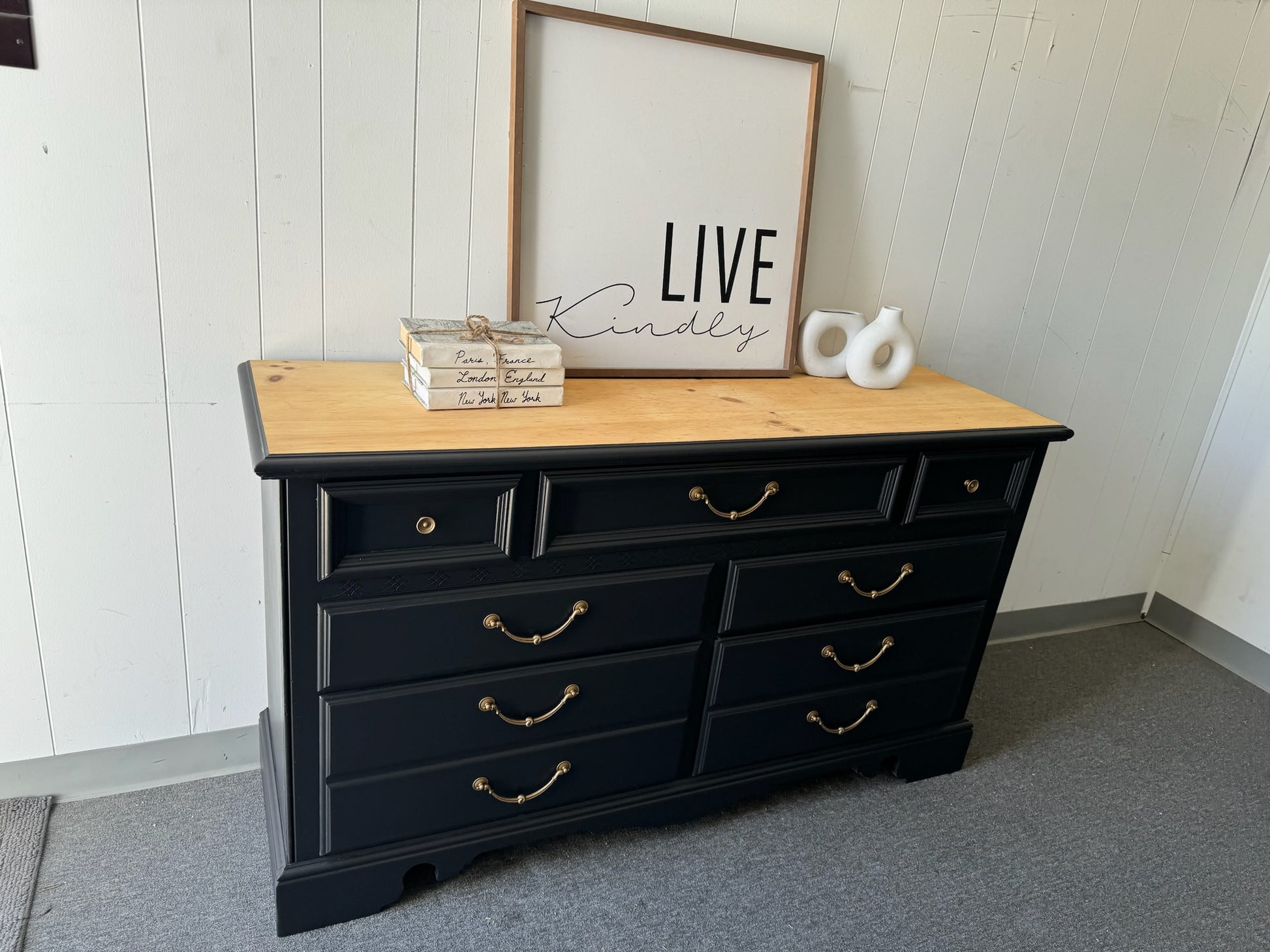 Black Dresser with Wood Top (Delivery Available) VillelasCo Furniture Black Dresser with Wood Top (Delivery Available) VillelasCo Furniture